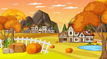 Medieval town scene with villagers illustrationのイラスト素材