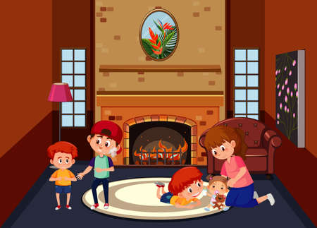 Living room scene with family members illustrationのイラスト素材