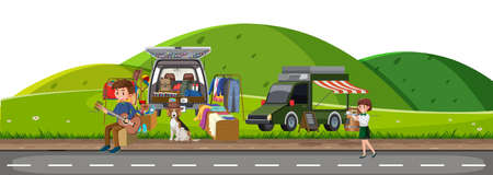 People shopping at the flea market scene illustrationのイラスト素材