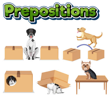 Preposition wordcard with dog and box illustrationのイラスト素材