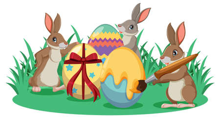 Easter bunnies painting eggs in garden illustrationのイラスト素材