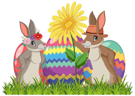 Happy Easter design with bunnies and flower illustrationのイラスト素材