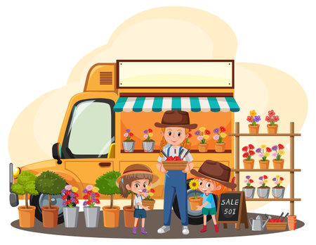 Flea market concept with a garden trucks illustrationのイラスト素材