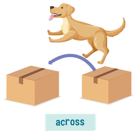 Preposition of place with cartoon dog and a box illustrationのイラスト素材