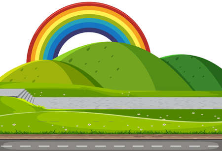 Nature mountain with rainbow scene in cartoon style illustrationのイラスト素材