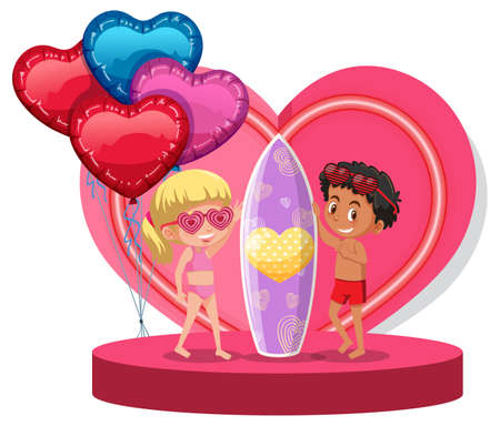 Two kids in swimsuit with surfboard on heart stage illustrationのイラスト素材
