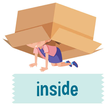 Preposition of place with cartoon girl and a box illustrationのイラスト素材