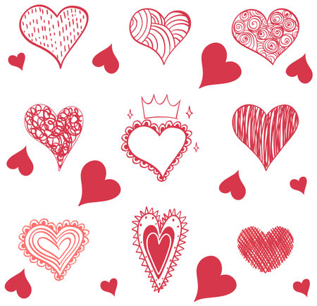 Red hand drawn hearts set illustration