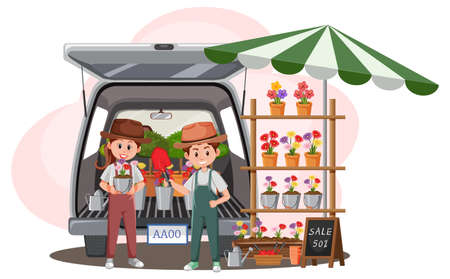 Flea market concept with a car boot sale illustrationのイラスト素材