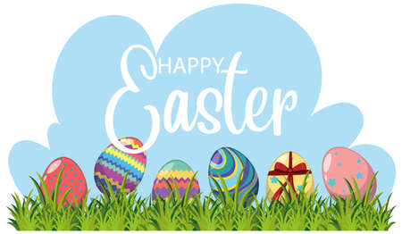 Happy Easter design with decorated eggs in garden illustrationのイラスト素材