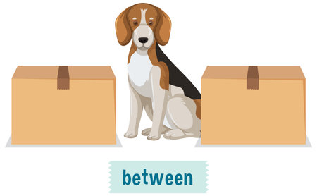 Prepostion wordcard design with dog between boxes illustrationのイラスト素材