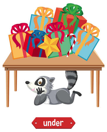 Preposition wordcard with raccoon under table illustrationのイラスト素材