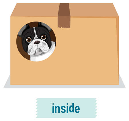 Preposition of place with cartoon dog and a box illustrationのイラスト素材