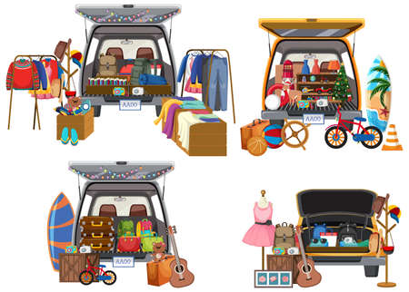 Flea market concept with set of different car boot sales illustrationのイラスト素材