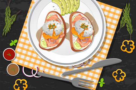 Top view food, egg benedict and placemat on black table illustrationのイラスト素材