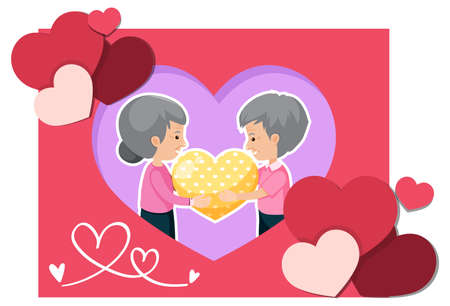 Cute old couple in love postcard illustrationのイラスト素材