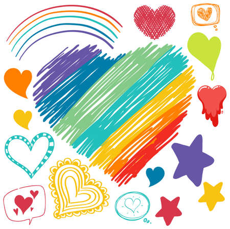 Collection of different heart icons in doodle style illustrationのイラスト素材