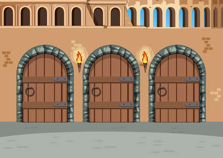 Empty medieval three gates scene  illustrationのイラスト素材