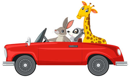 Cartoon animals in classic car on white background illustrationのイラスト素材