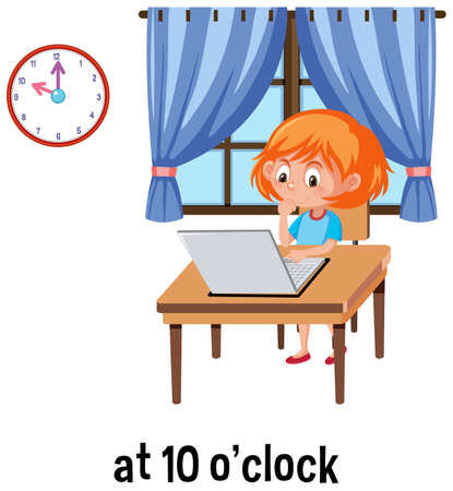 English prepositions of time with kid and clock illustrationのイラスト素材