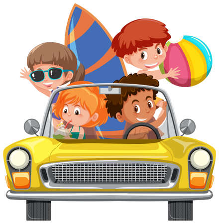 Children in classic car on white background illustrationのイラスト素材