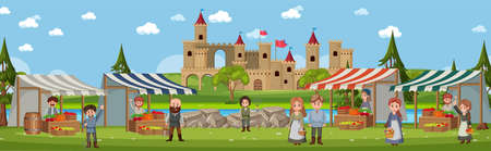 Medieval town scene with villagers at the market illustrationのイラスト素材