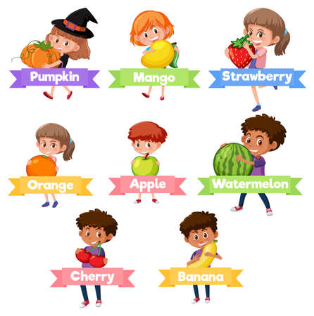 Children holding fruit and vegetable on white background illustrationのイラスト素材