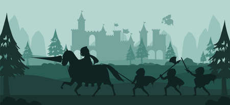Battle scene silhouette with medieval illustrationのイラスト素材