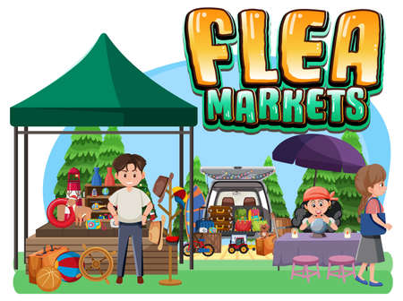 Flea market concept with cartoon character illustrationのイラスト素材
