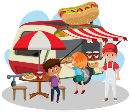 Flea market concept with food truck  illustrationのイラスト素材