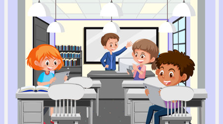 School classroom with student kids illustrationのイラスト素材