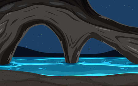 Sea cave at night background in cartoon style illustrationのイラスト素材