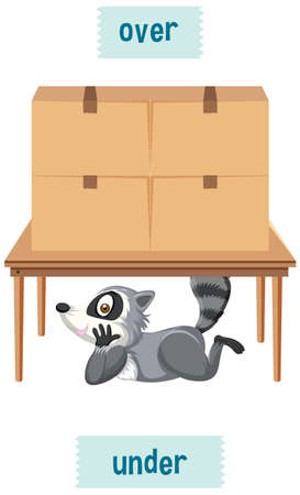 English prepositions with raccoons  and box under and over the table illustrationのイラスト素材
