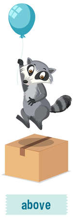English preposition raccoon float above the box illustrationのイラスト素材