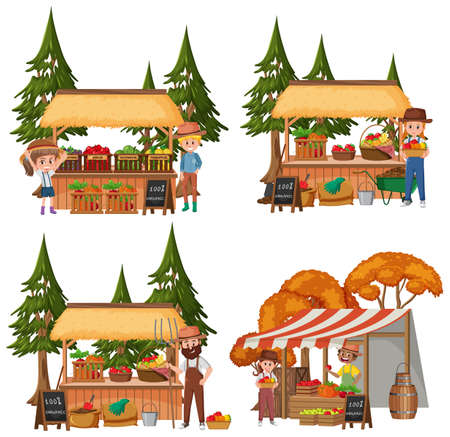 Flea market concept with set of different stores illustrationのイラスト素材