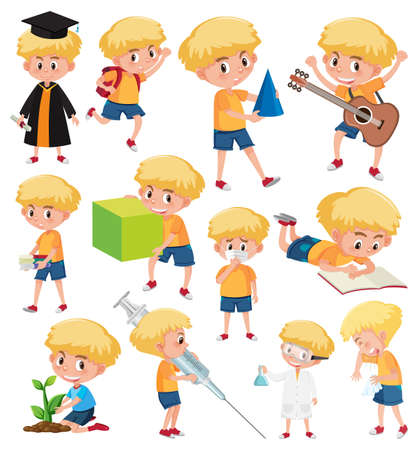 Set of boys doing activitys on white  background illustrationのイラスト素材