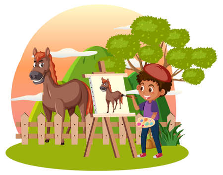 A boy drawing on canvas with horse illustrationのイラスト素材