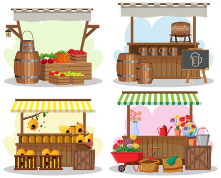 Flea market concept with set of different stores illustrationのイラスト素材