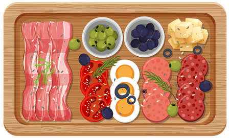 Top view of lunch meat on a wooden tray illustrationのイラスト素材