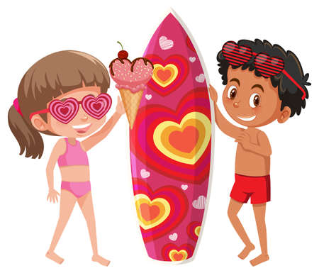 Two kids in swimsuit standing with surfboard illustrationのイラスト素材