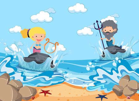 A water splash scene with mermaid on a stone illustrationのイラスト素材