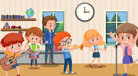 School music classroom with student kids illustrationのイラスト素材