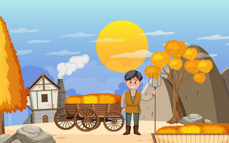 Medieval town scene with villagers illustrationのイラスト素材