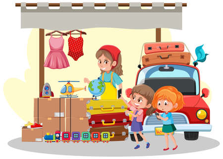 Flea market concept with second hand clothes shop illustrationのイラスト素材