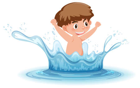 A water splash with fun boy on white background illustrationのイラスト素材