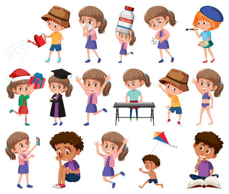 Set of children doing different activities on white background illustrationのイラスト素材