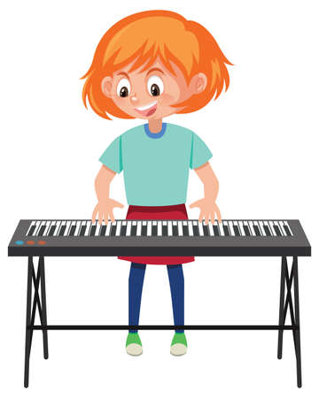 A girl playing piano cartoon character illustrationのイラスト素材