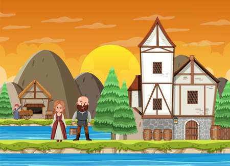Medieval town scene with villagers illustrationのイラスト素材