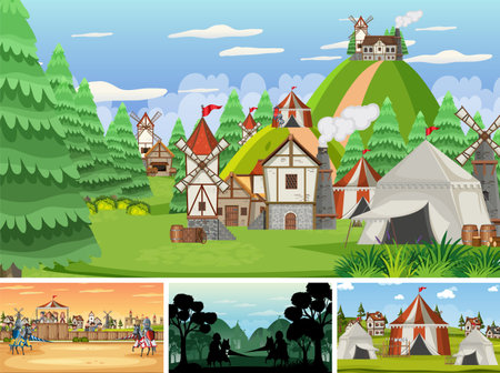 Set of different scene medieval with silhouette  illustrationのイラスト素材