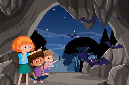 In cave scene with children exploring cartoon character illustrationのイラスト素材